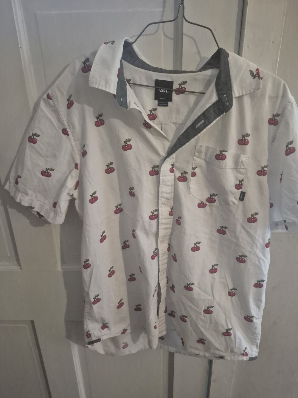 Vans White Short-Sleeve Button-Up Shirt with Red Cherry Print
